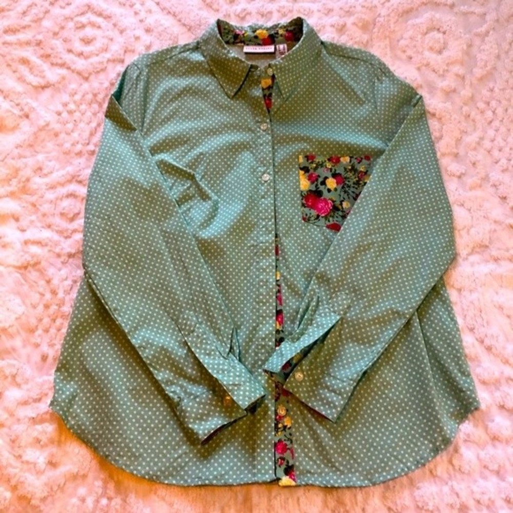 Susan Graver Button down Blouse, sz 12, aqua polka dot & floral, cotton/spandex